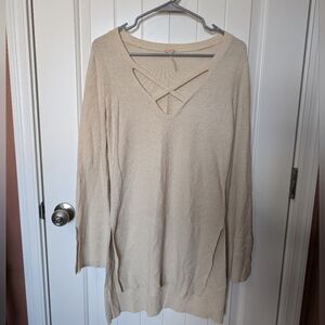 FREE PEOPLE Knit Tunic Sweater Longline Cream Hi/Low Split Hem Bell Sleeve Sm
